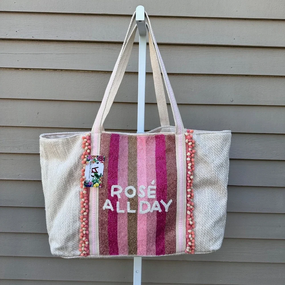 America & Beyond Rose' All Day Embellished Glitter Beaded Tote Bag Beach